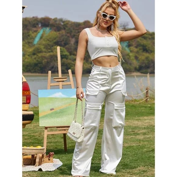 Elegant Wide Leg Satin Cargo Pants for Women - Flattering Loose Fit with Pockets